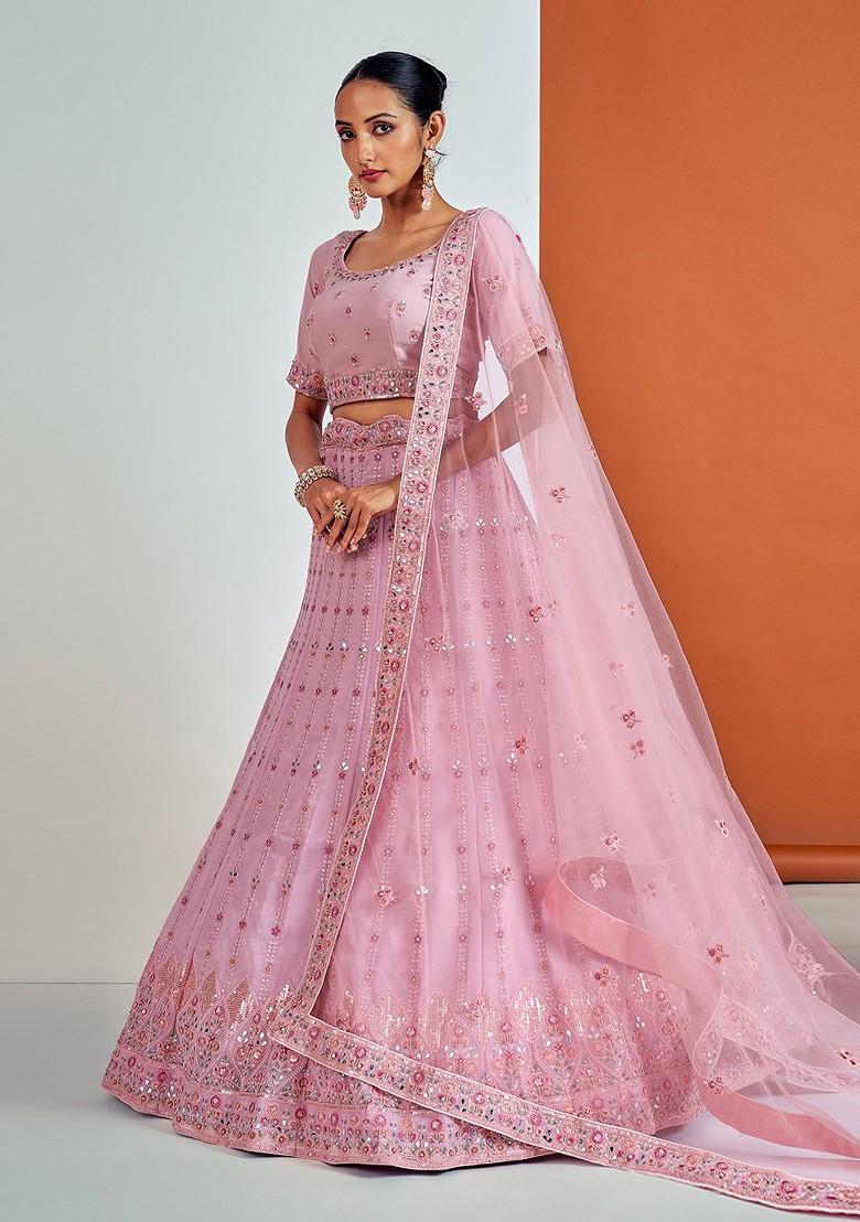 Pink Embroidered Poly Blend Lehenga Set