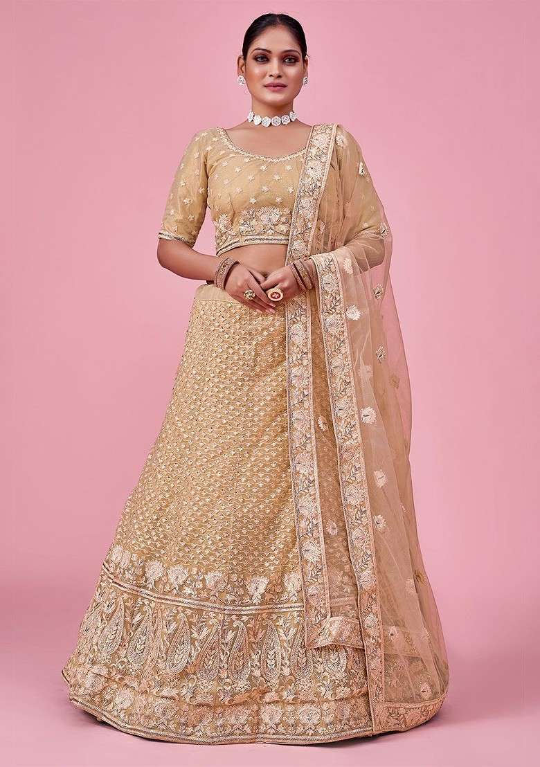 Gold Embroidered Poly Blend Lehenga Set - Indya