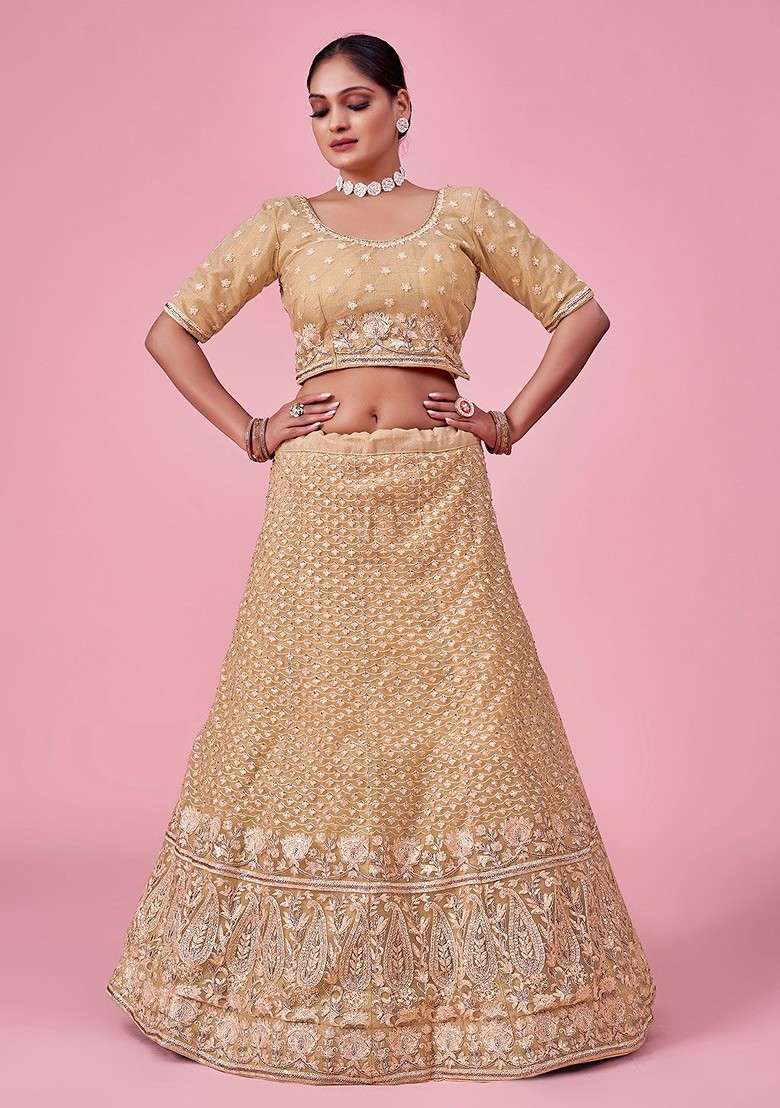 Gold Embroidered Poly Blend Lehenga Set - Indya