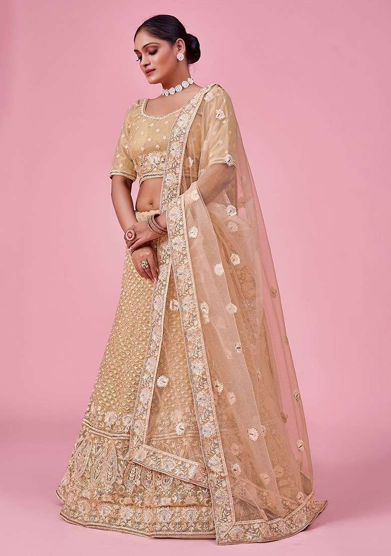 Gold Embroidered Poly Blend Lehenga Set - Indya