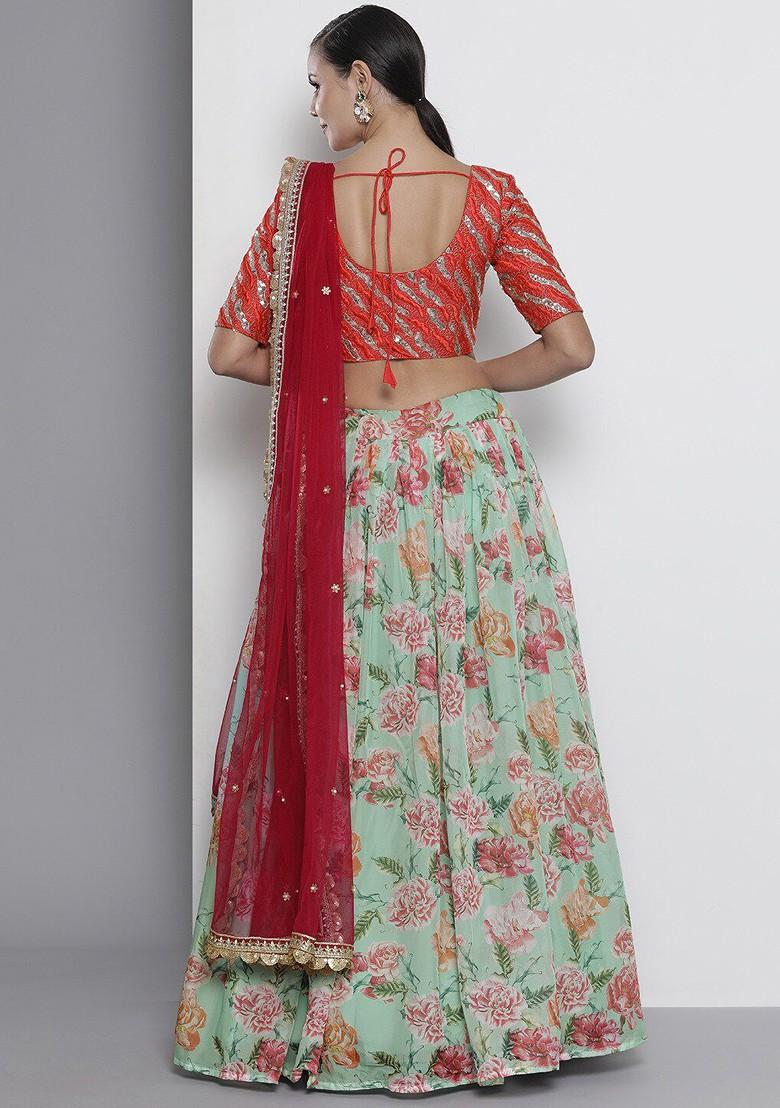 Sea Green Embroidered Poly Blend Lehenga Set