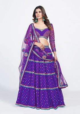 Purple Embellished Poly Blend Lehenga Set