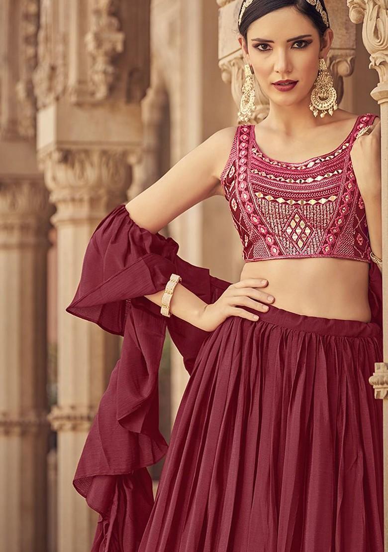 Maroon Embroidered Poly Blend Lehenga Set