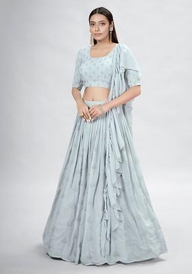 Blue Embroidered Poly Blend Lehenga Set