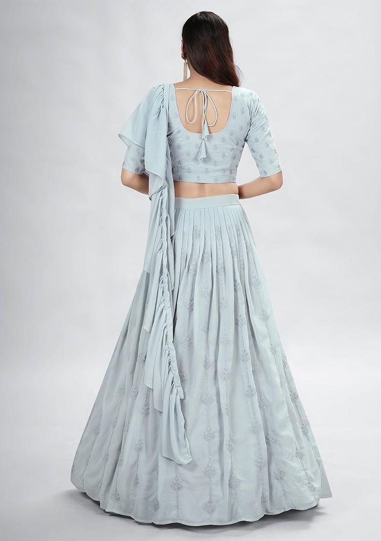 Blue Embroidered Poly Blend Lehenga Set