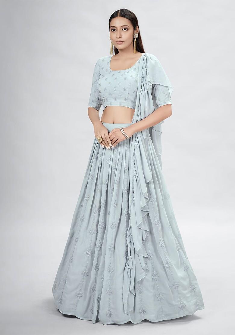 Blue Embroidered Poly Blend Lehenga Set