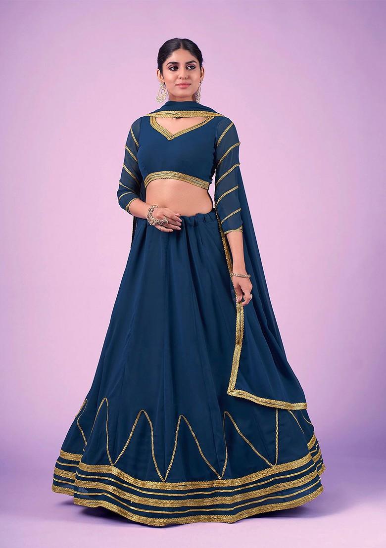 Navy Blue Embroidered Poly Blend Lehenga Set
