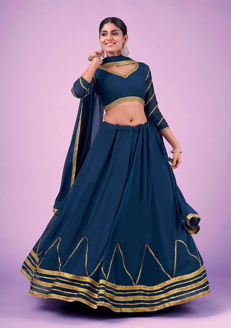 Navy Blue Embroidered Poly Blend Lehenga Set