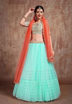 Blue Embroidered Poly Blend Lehenga Set