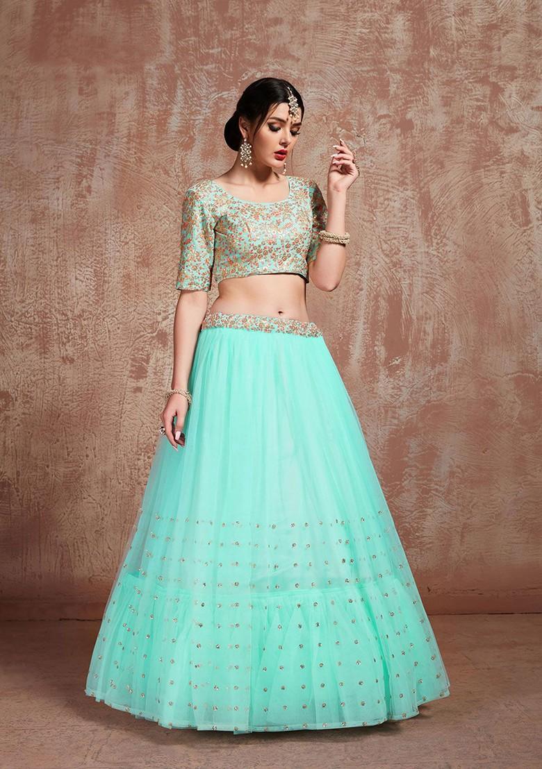 Blue Embroidered Poly Blend Lehenga Set