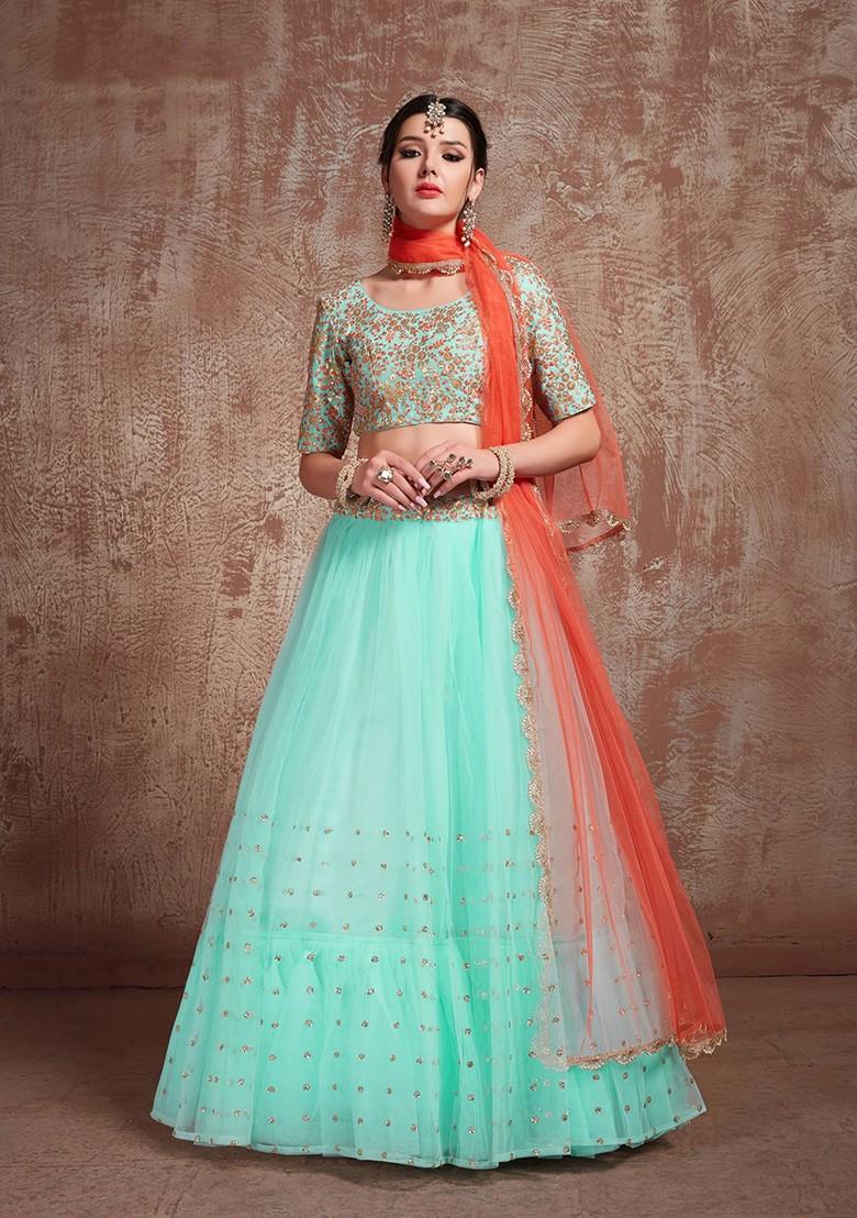 Blue Embroidered Poly Blend Lehenga Set