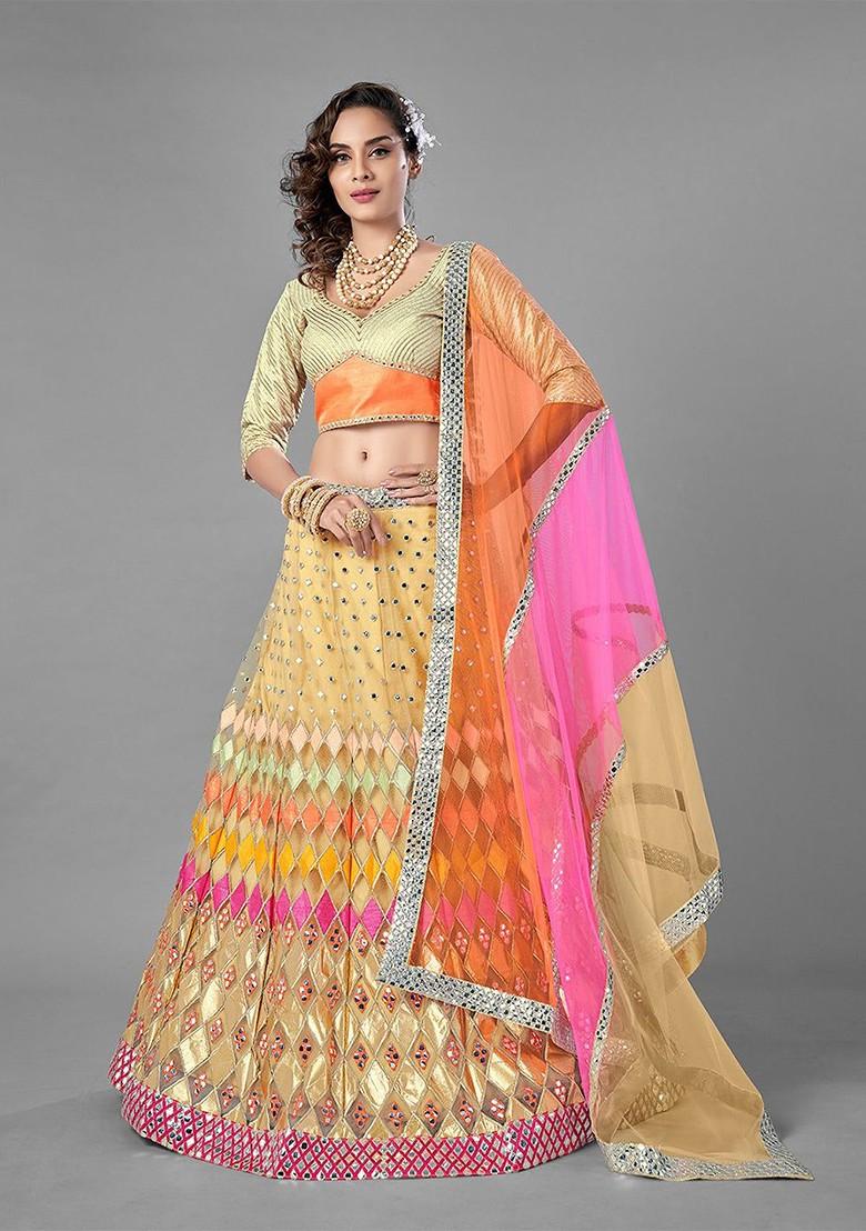 Beige Embroidered Poly Blend Lehenga Set