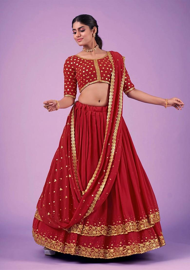 Red Embroidered Poly Blend Lehenga Set