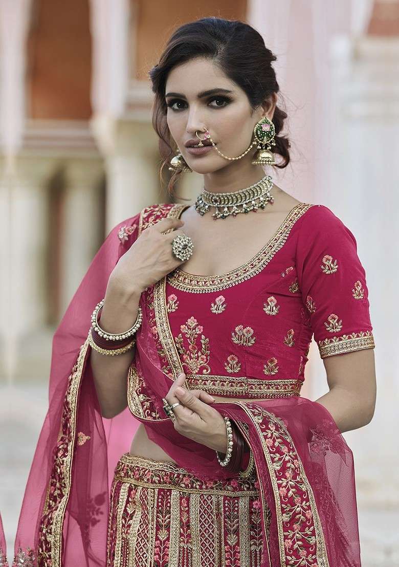 Pink Embroidered Poly Blend Lehenga Set - Indya
