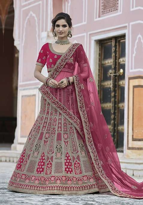 Pink Embroidered Poly Blend Lehenga Set