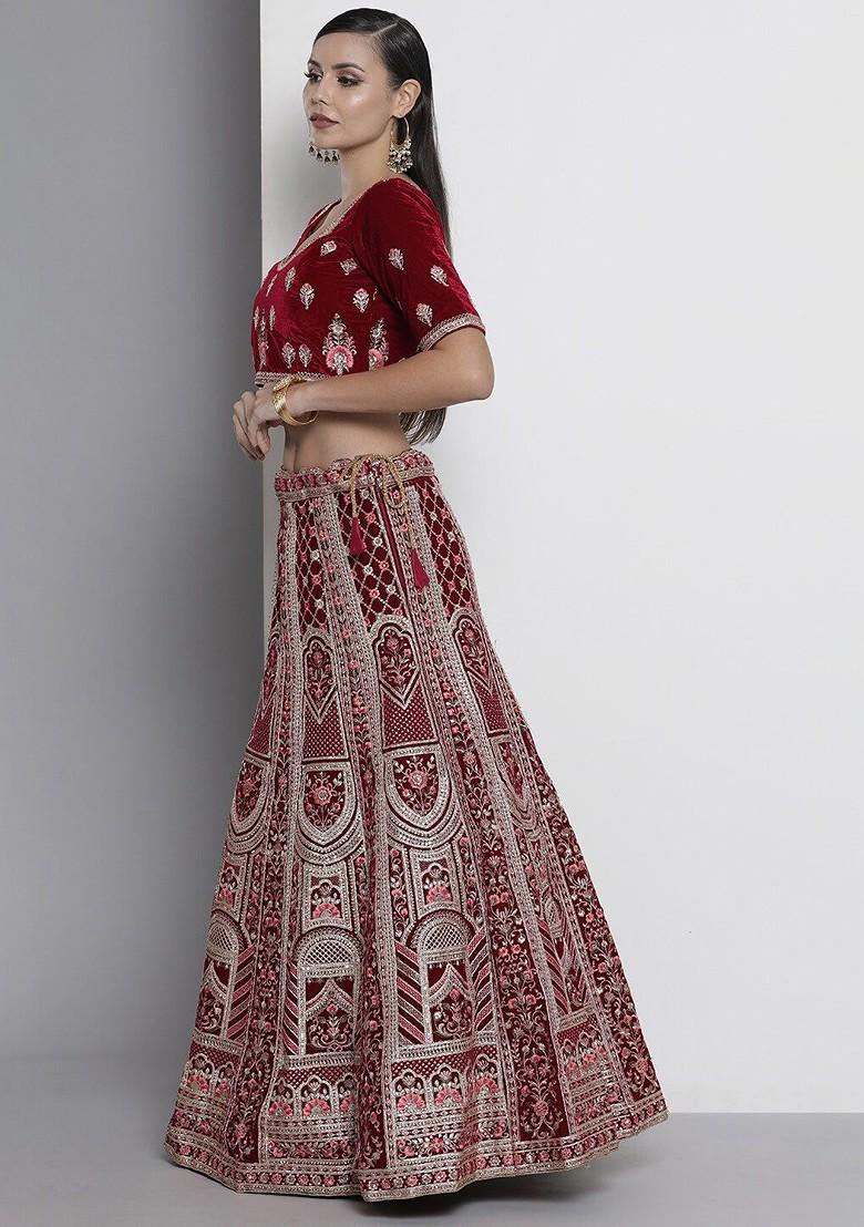 Maroon Embroidered Poly Blend Lehenga Set