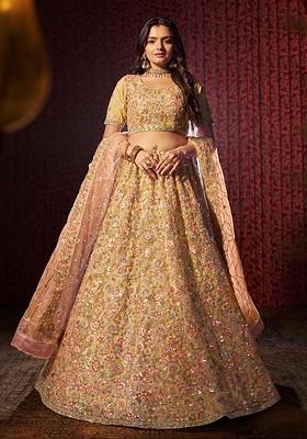 Beige Embroidered Poly Blend Lehenga Set