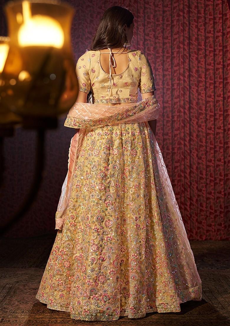 Beige Embroidered Poly Blend Lehenga Set