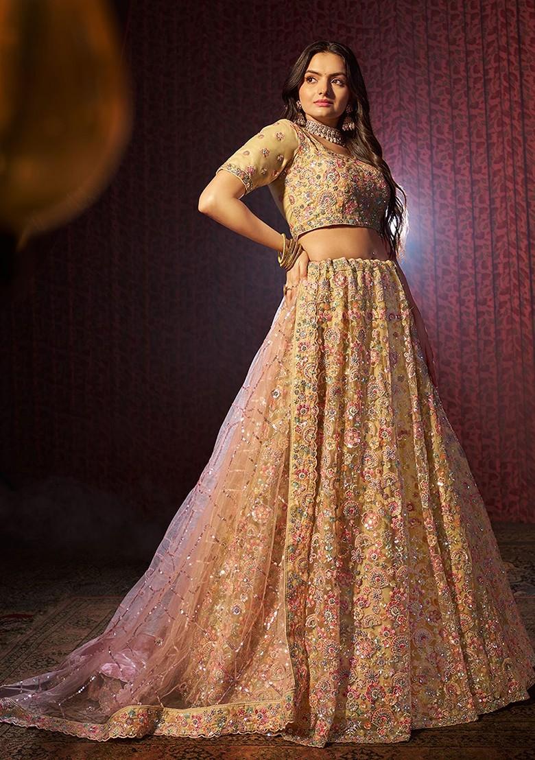Beige Embroidered Poly Blend Lehenga Set