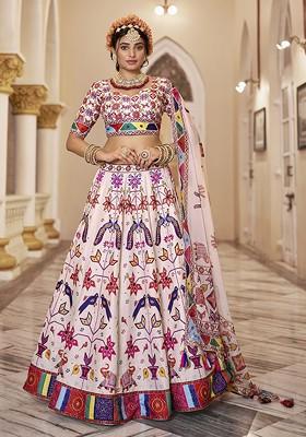 Off White Printed Poly Blend Lehenga Set