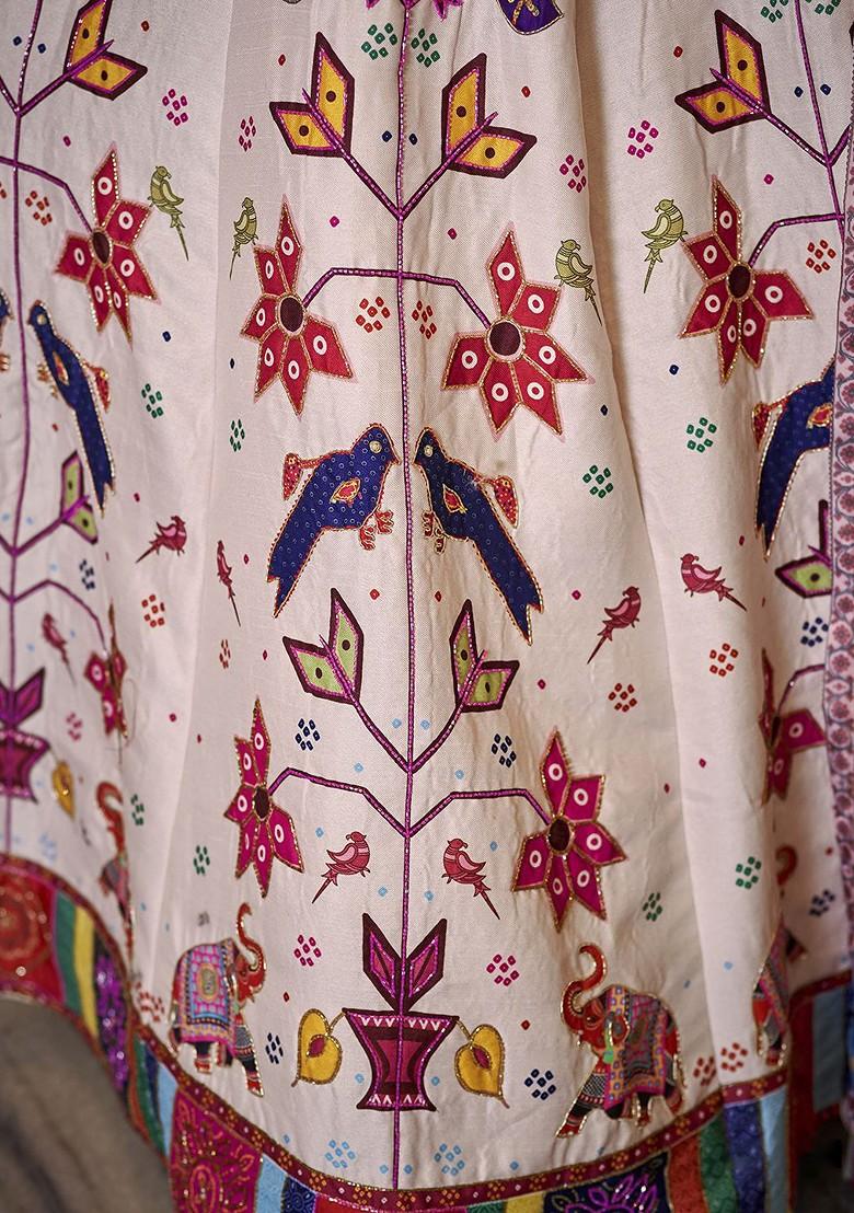 Off White Printed Poly Blend Lehenga Set