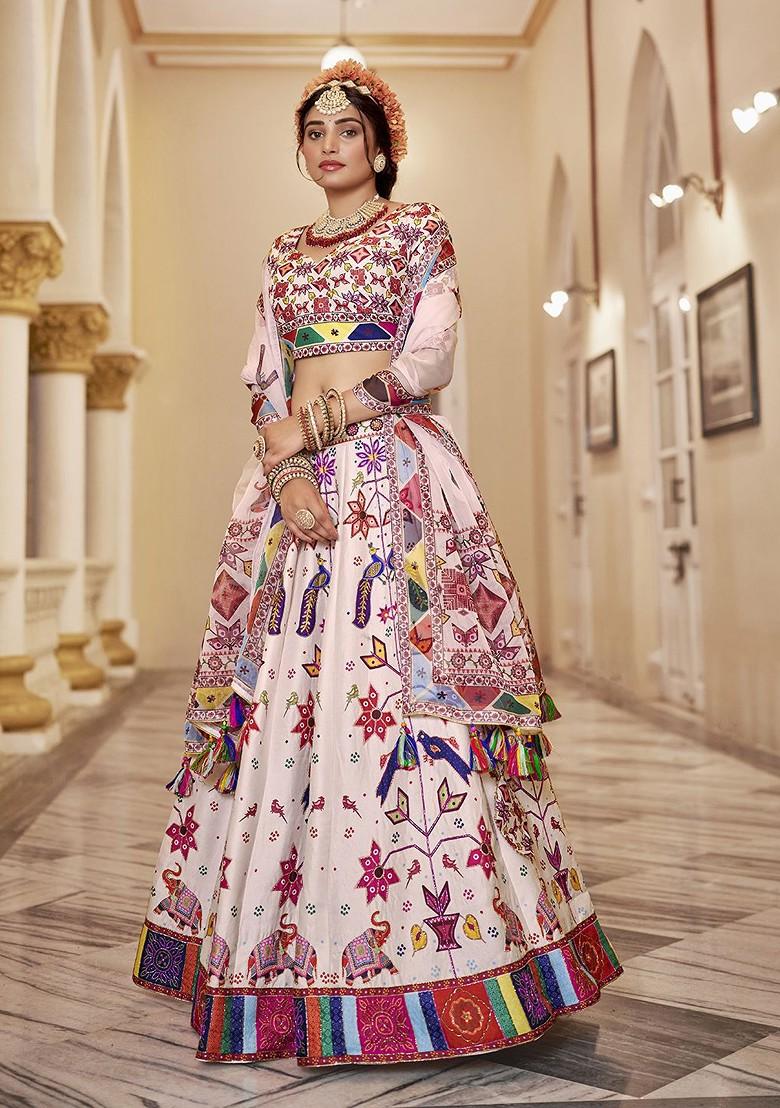 Off White Printed Poly Blend Lehenga Set