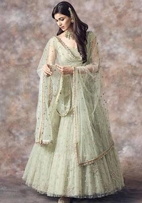 Green Embroidered Poly Blend Lehenga Set