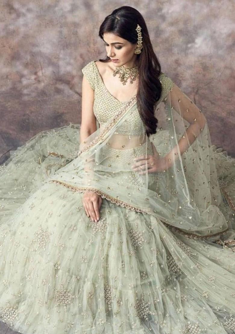 Green Embroidered Poly Blend Lehenga Set