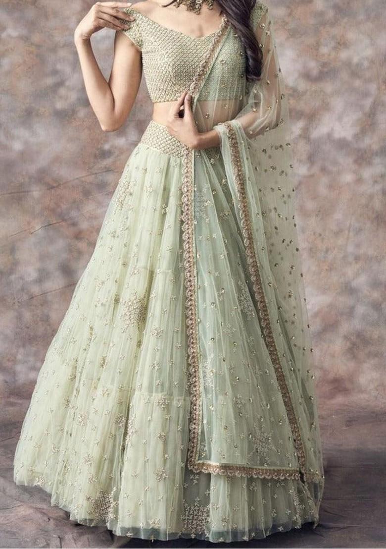 Green Embroidered Poly Blend Lehenga Set