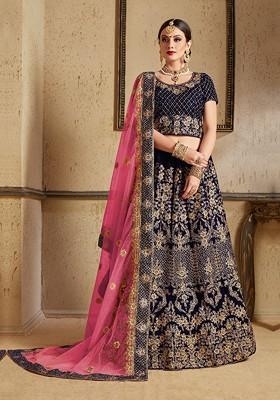 Navy Blue Embroidered Poly Blend Lehenga Set