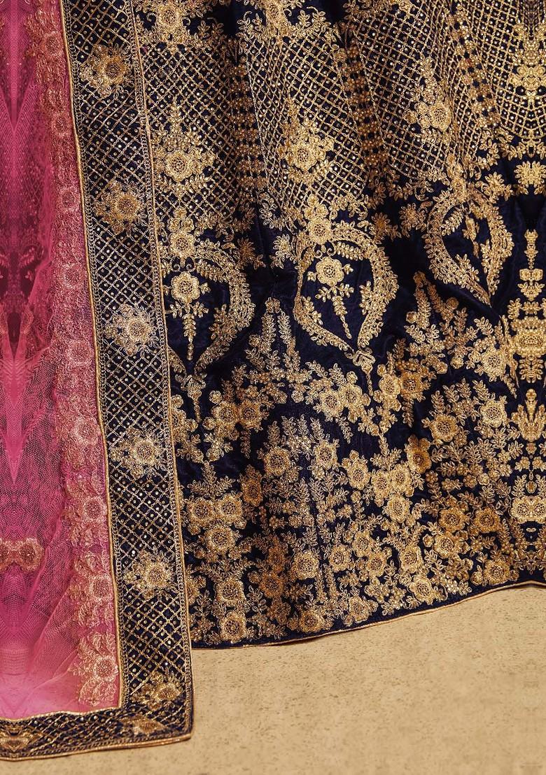 Navy Blue Embroidered Poly Blend Lehenga Set