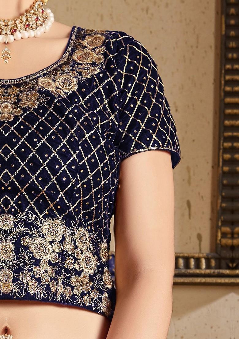 Navy Blue Embroidered Poly Blend Lehenga Set