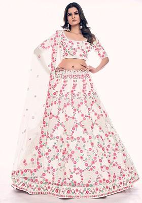 Off White Embroidered Poly Blend Lehenga Set