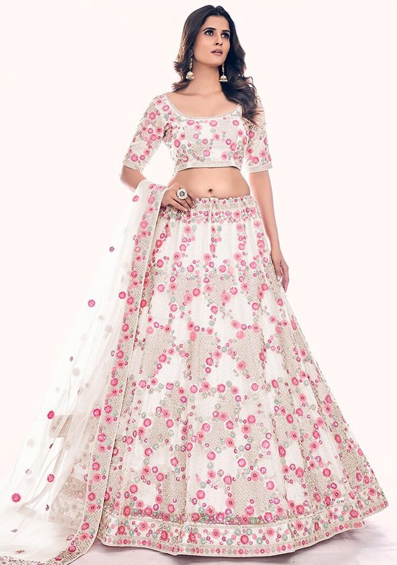 Off White Embroidered Poly Blend Lehenga Set