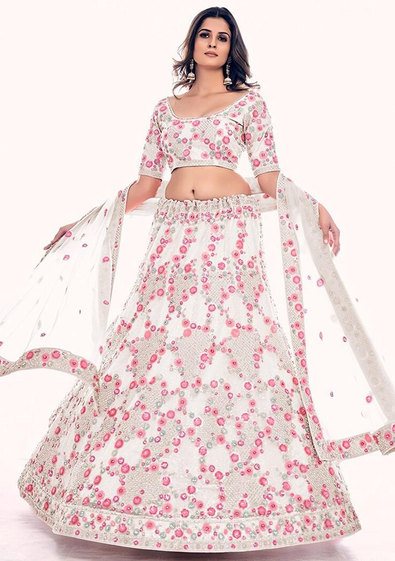 Off White Embroidered Poly Blend Lehenga Set