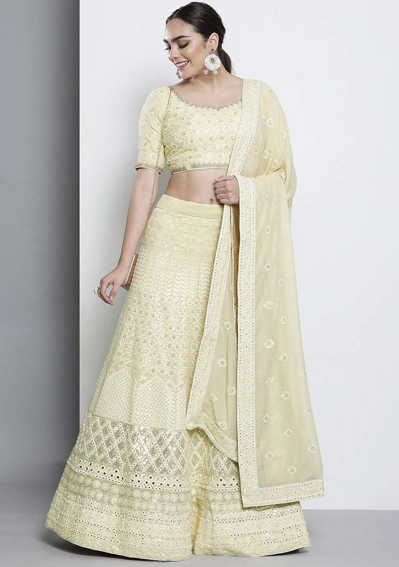 Beige Poly Blend Lehenga Set with Embroidered for Diwali | Wedding & Festive Wear - Indya