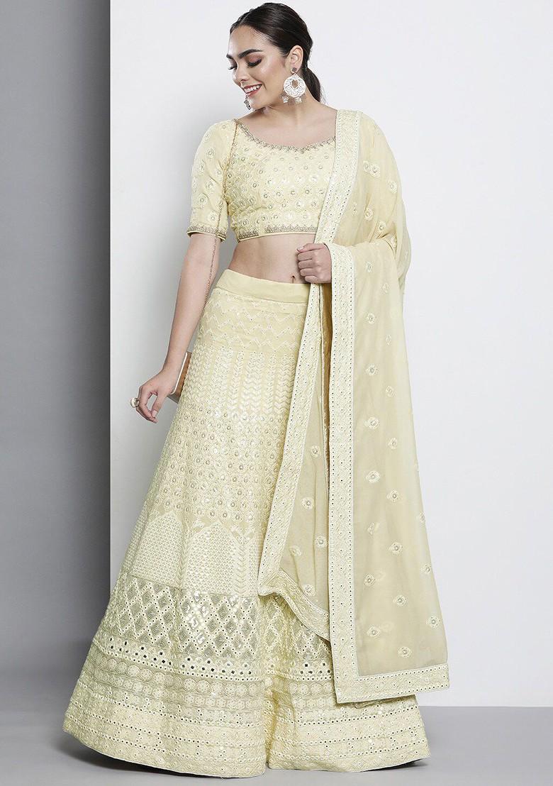 Beige Embroidered Poly Blend Lehenga Set