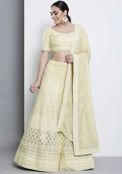 Beige Poly Blend Lehenga Set with Embroidered for Diwali | Wedding & Festive Wear