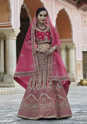 Pink Embroidered Poly Blend Lehenga Set