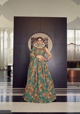 Green Printed Poly Blend Lehenga Set