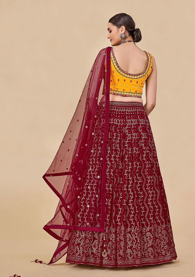 Maroon Embroidered Poly Blend Lehenga Set