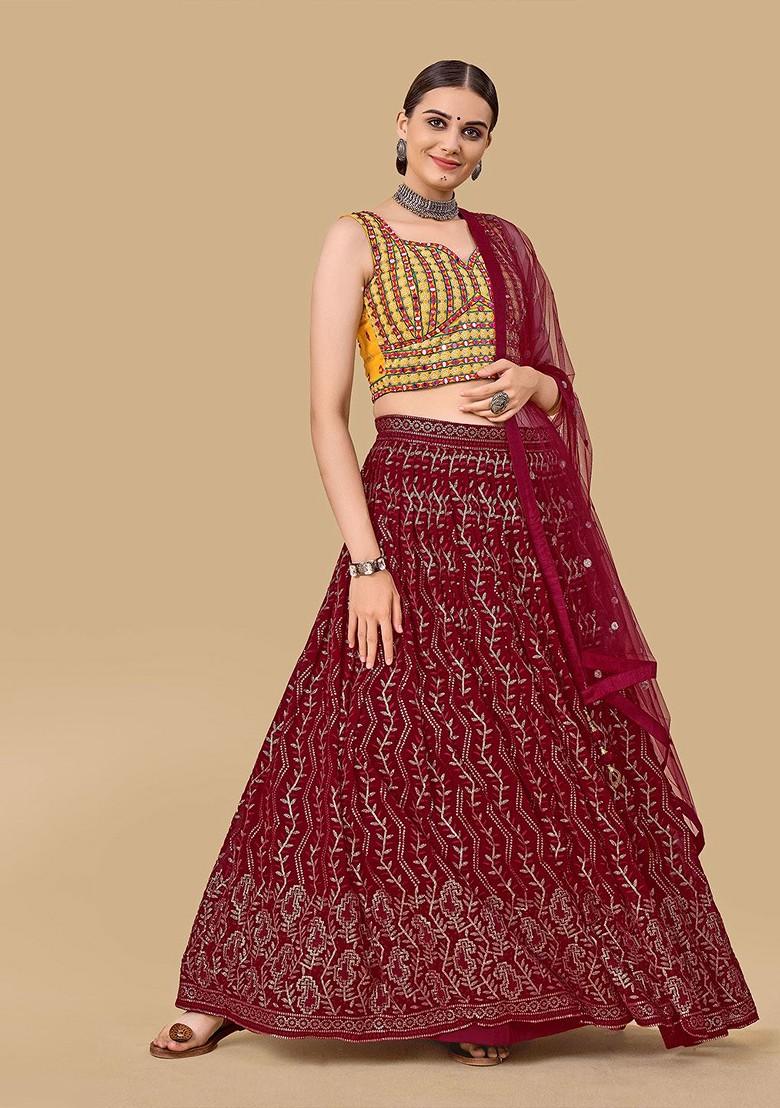 Maroon Embroidered Poly Blend Lehenga Set