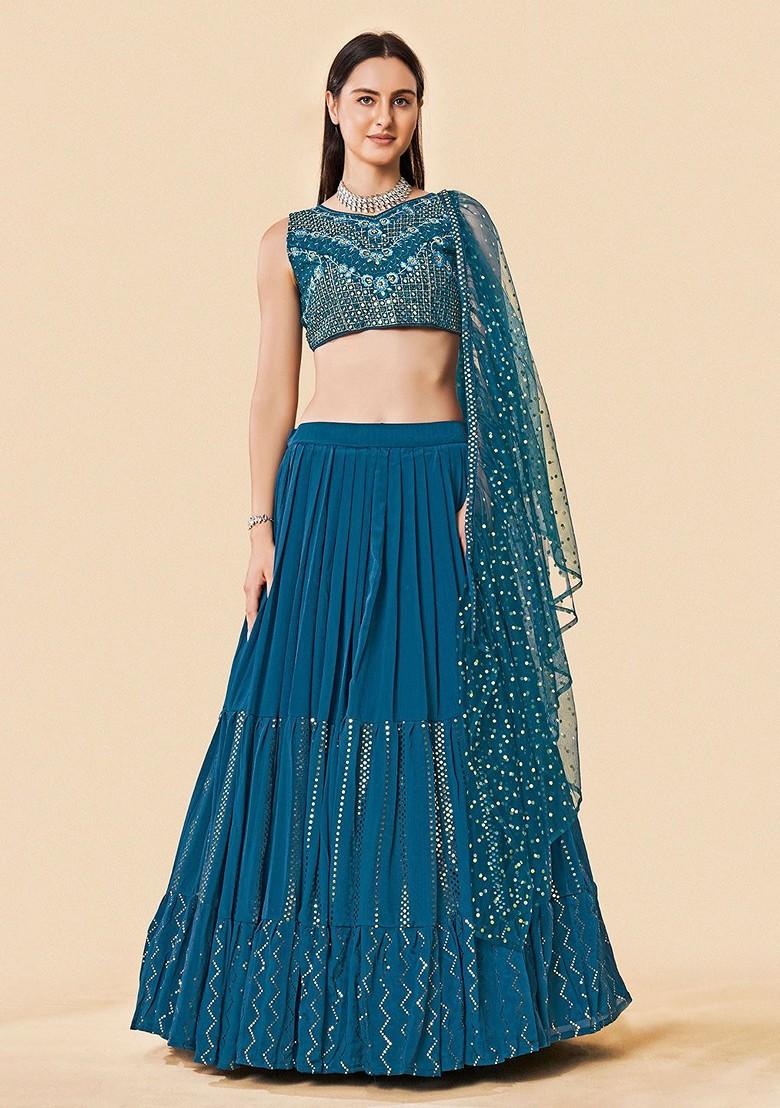 Green Embroidered Poly Blend Lehenga Set