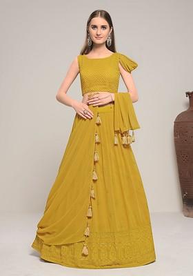 Mustard Yellow Embroidered Poly Blend Lehenga Set