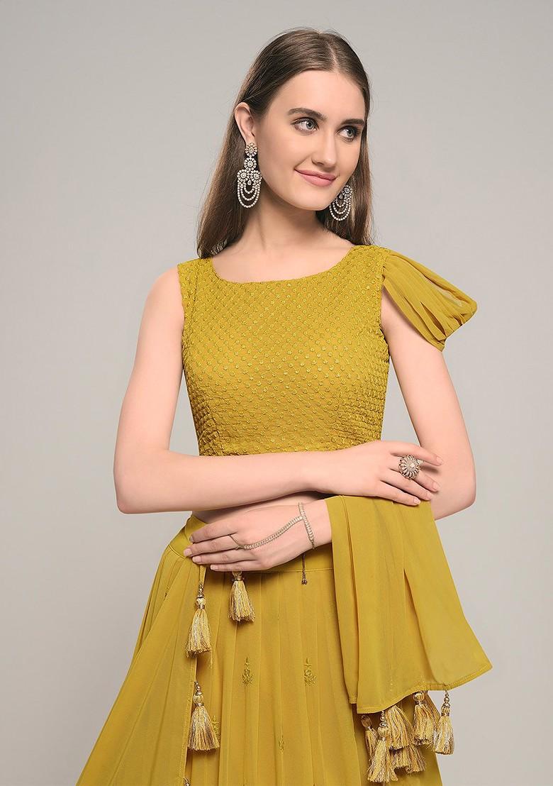 Mustard Yellow Embroidered Poly Blend Lehenga Set