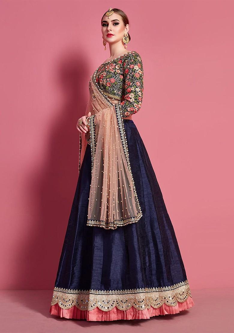 Navy Blue Embroidered Poly Blend Lehenga Set