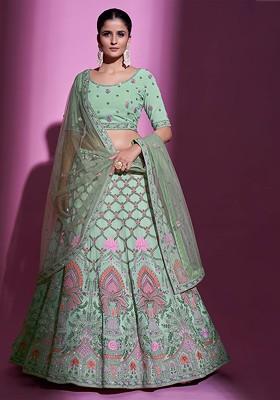 Green Embellished Poly Blend Lehenga Set