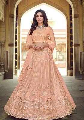 Peach Embroidered Poly Blend Lehenga Set