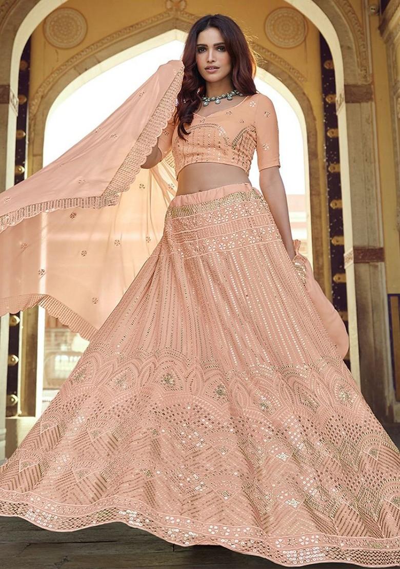 Peach Embroidered Poly Blend Lehenga Set