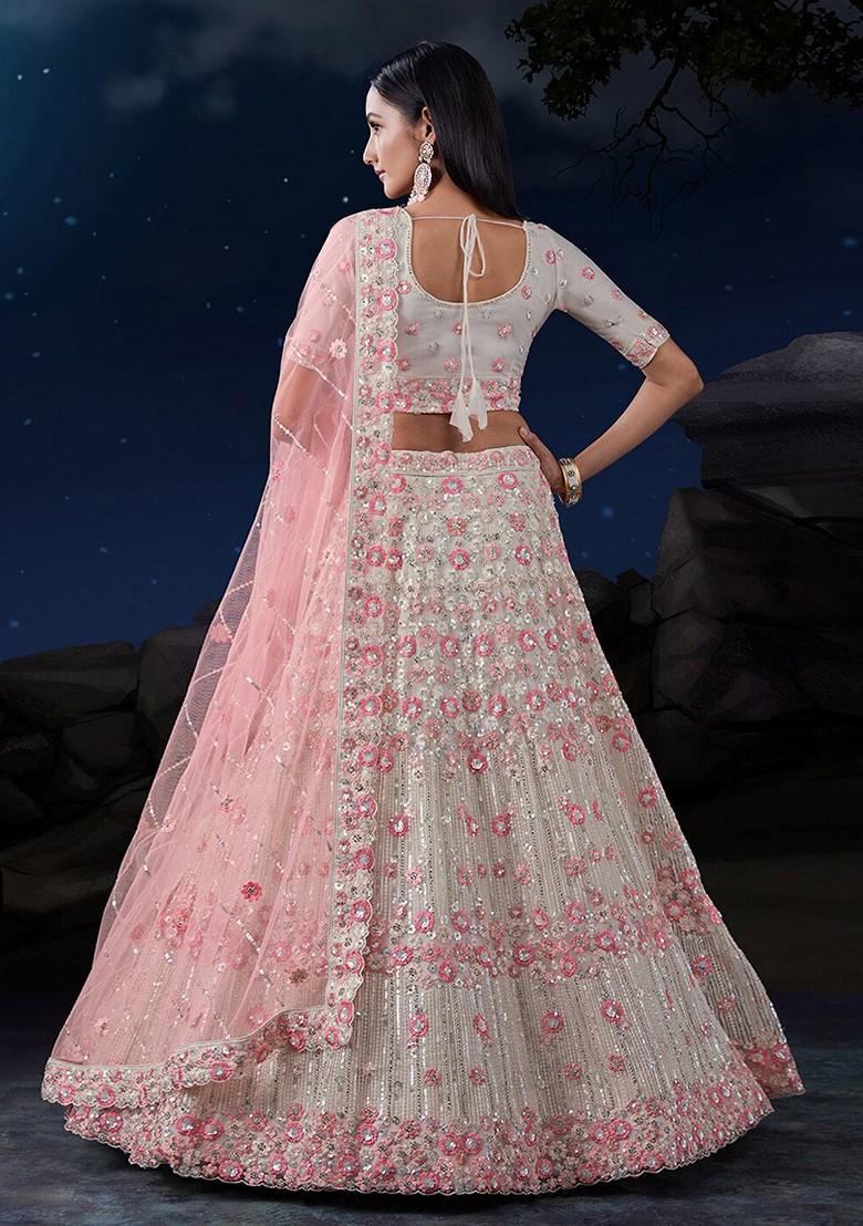 Off White Embroidered Poly Blend Lehenga Set